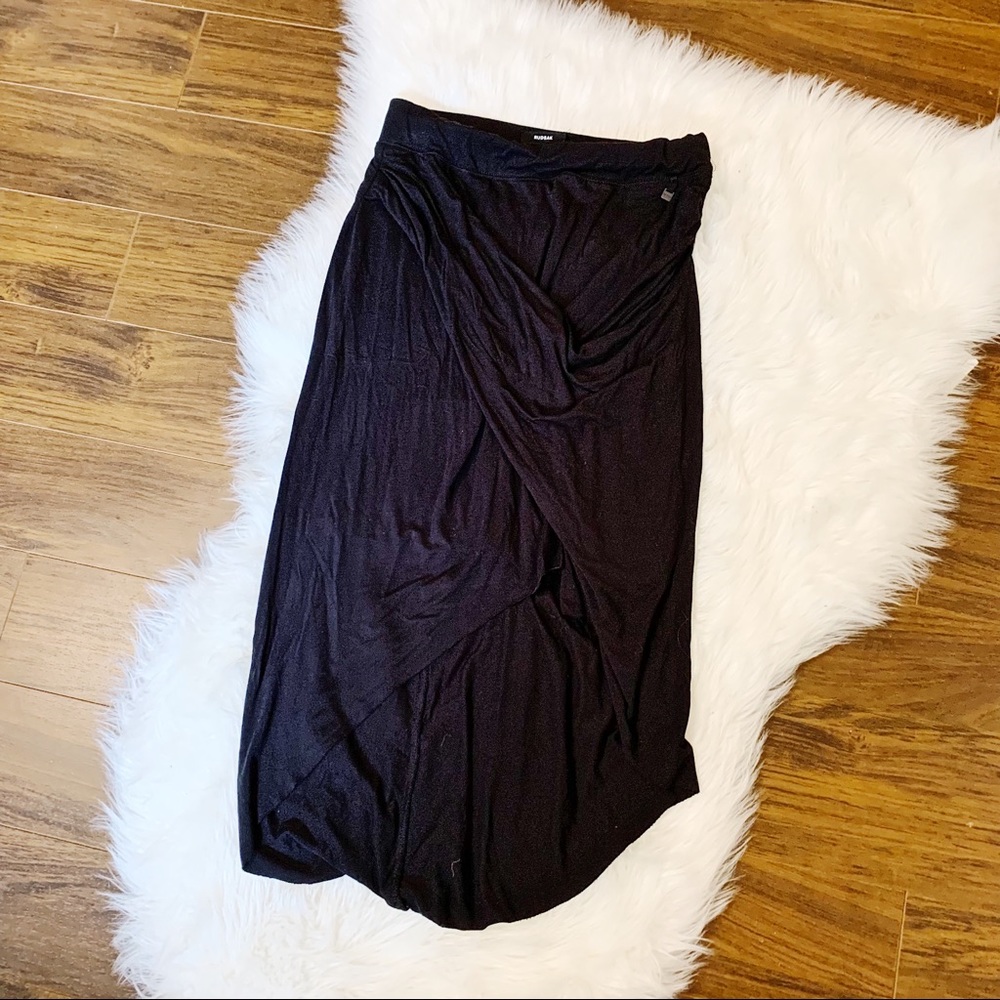 RUDSAK Wrap Skirt Black Asymmetrical Long Stretchy Midi with Side Slit